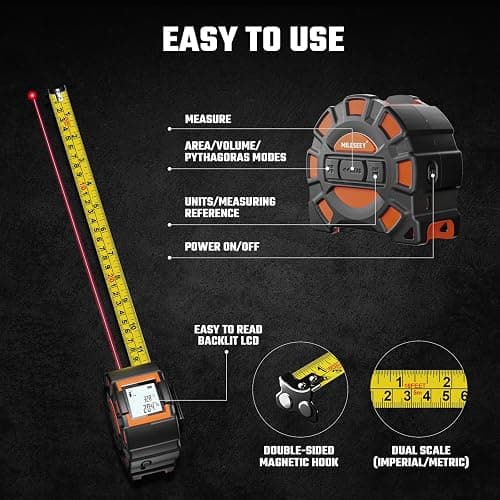 MILESEEY 2-in-1 Laser Measuring Tape, 16Ft Tape Measure & 131Ft Rechargeable Laser Measurement Tool with Backlit Display, Auto-Lock Tape with Magnetic Hook, M/Ft/in/Ft+in, 20 Groups Historical Memory thumbnail 3