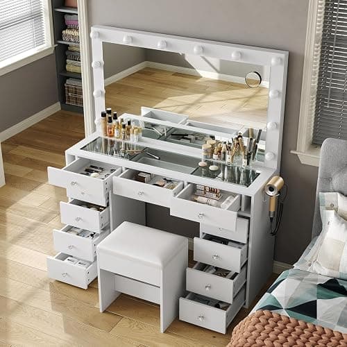 11 Drawers Vanity Desk with Power Outlet, Makeup Vanity with Mirror and 12 LED Lights, 3 Lighting Modes, Vanity Set, Glass Top, Dressing Table for Bedroom,Dressing Room, White thumbnail 3
