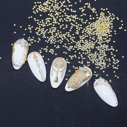 HNUIX Nail Art Charms - Metal Silver & Gold Beads, Flat Back Round Rhinestones, Small Nail Pearls, 3D Mixed Sizes Decorations for Nails thumbnail 5