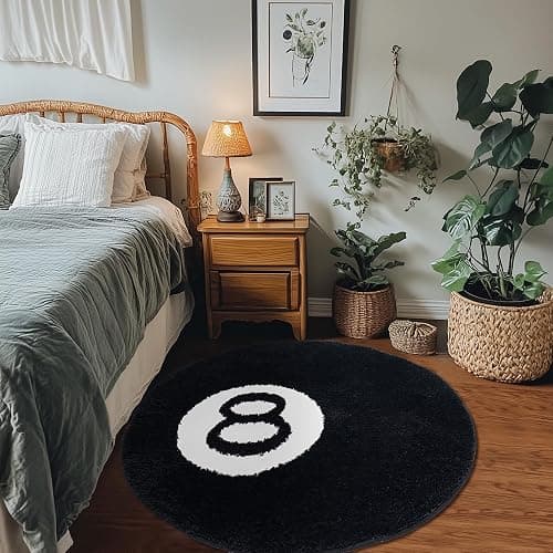 Ezuwail 8 Ball Rug, 24 inch Large Black Round Rug for Home Decor, Stussy Cool Eight Ball Rug for Bedroom Living Room, Housewarming Gift, Black thumbnail 2
