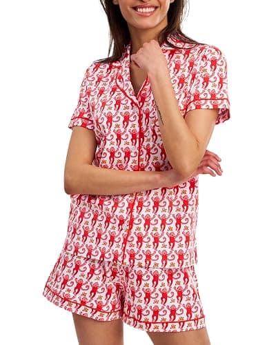 Oklihoe 2-Piece Monkey Pajamas Set for Women Button Down V Neck Summer Y2K Lounge Set for Beach Vacation Jammies Party Gift thumbnail 2