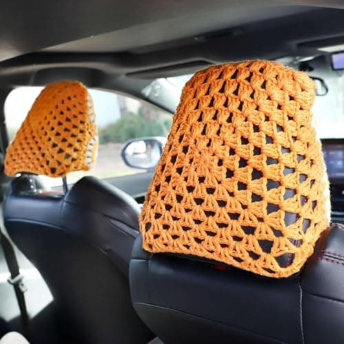CSWCS 2PCS Crochet Seat Headrest Cover,Car Head Rest Protector,Cute Sunflower Car Accessories for Women, Universal Seat Cover Boho Car Decor Fit Sedans,SUVs,Trucks (62Orange-Sunflower) thumbnail 6