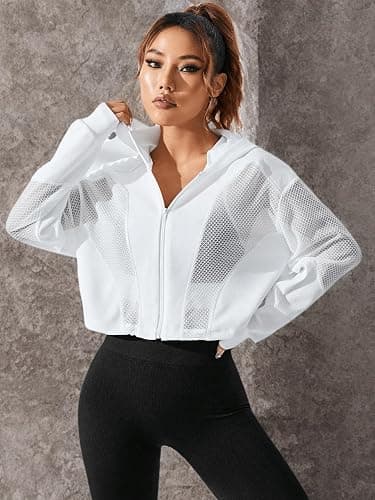 SweatyRocks Women's Zip Up Drawstring Hem Cropped Hoodie Mesh Workout Sports Track Lightweight Jacket thumbnail 7