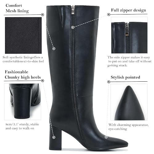 Aizhenzm Wide Calf Knee High Boots For Women Plus Size Side Zipper Leather Chunky Heel Boots Heeled Pointed Toe Tall thumbnail 5