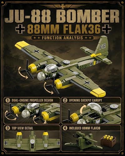 WW2 Military Plane Building Set Compatible with Lego Airplane JU-88 Bomber | WW II Army Aircraft Toys Germany Junker88 Fighter Jet and Flak 36 Building Block Sets History Enthusiasts Collectibles/Gift thumbnail 4