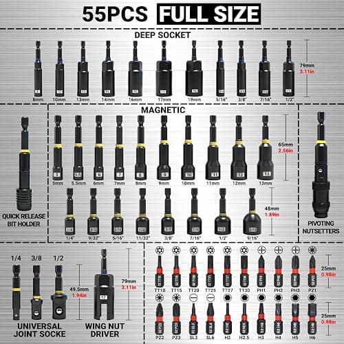 55PCS Magnetic Impac Nut Driver Set, Metric & SAE Socket Set, Storage Box | Wing Nut Driver, Bit Holder, Universal Sockets, Quick Release Extension, Power Bits, 1/4'' Quick Change thumbnail 2