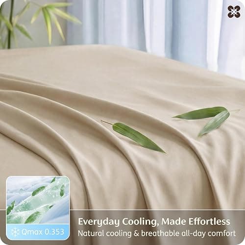 Bedsure King Size Sheet Set, Cooling Sheets, Rayon Derived from Bamboo, Deep Pocket Up to 16", PureWoven, Breathable & Soft, Bed Sheets, Hotel Luxury Silky Bedding for Hot Sleepers, Beige thumbnail 4