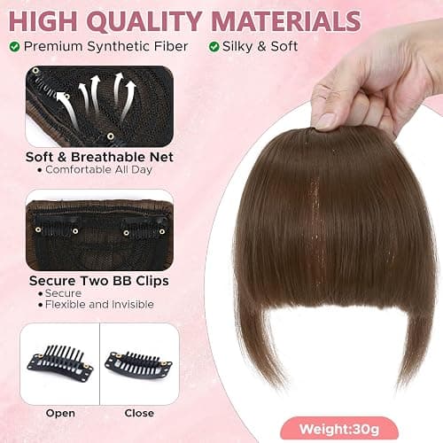 Benehair Clip in Fringe Natural Fringe Clip in Hair Curved Air Hair Bangs with Temples Synthetic Light Brown Hairpieces for Women Girls Daily Wear(Light Brown, 30g) thumbnail 3