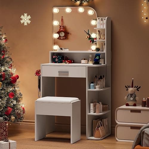 wanan Makeup Vanity with Chair, Small Vanity Desk with Mirror and Lights 3 Colors, Girls Vanity Set with Power Outlet, Compact Vanity Table for Small Space, White thumbnail 3