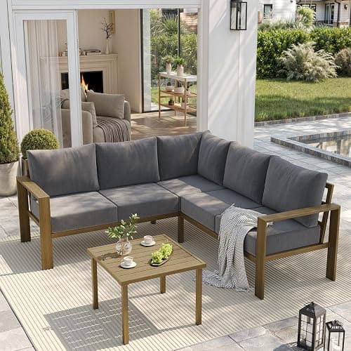 UDPATIO 6 Piece Patio Furniture Set, Metal Outdoor Sectional Sofa with 6" Thick Olefin Cushions, Wide Armrest & Coffee Table, L Shaped Outdoor Furniture for Garden, Backyard, Faux Wood Grain & Grey - Image 1