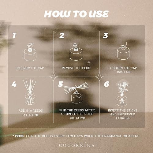 COCORRÍNA Reed Diffuser - Moroccan Amber 6.7 Fl.oz Reed Diffuser Set with Sticks & Preserved Baby's Breath, Reed Diffuser for Home Bathroom Shelf Decor thumbnail 6