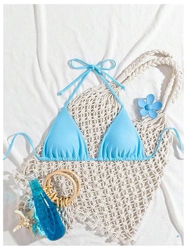 WDIRARA Women's Solid Triangle Bikini Top Sexy Halter String Micro Bathing Suits Tops thumbnail 5