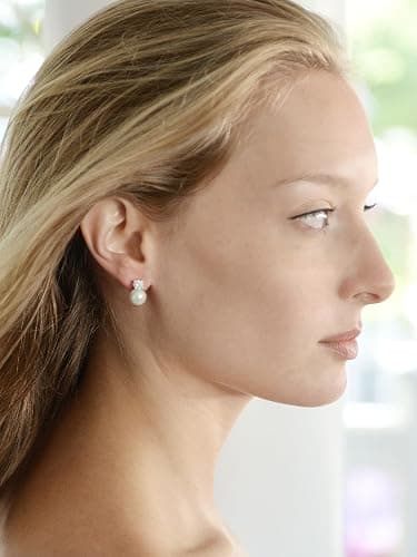 Mariell White Pearl Bridal Earrings with Cubic Zirconia Crystal Top, 9mm White Pearl Stud Earring, Perfect for Brides, Bridesmaids, Wedding Party and Everyday Wear thumbnail 2