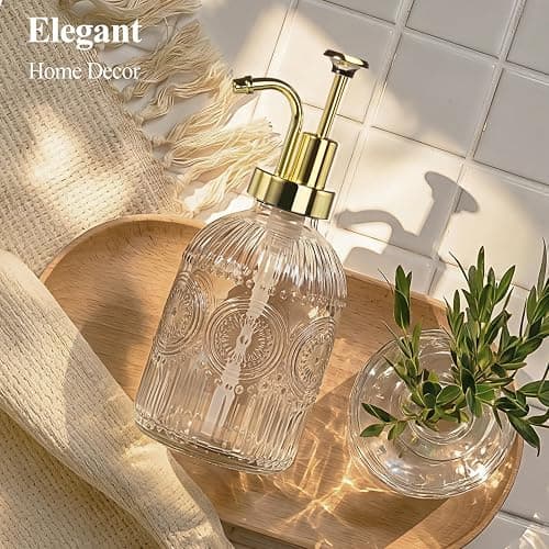 SheeChung 12Oz Vintage Glass Bathroom Soap Dispenser, Kitchen Dish Soap Dispenser with Pump, Refillable Liquid Hand Soap Bottle, Lotion, Antique Rustic Farmhouse Decor (Clear-Gold Pump, 2 Pack) thumbnail 4