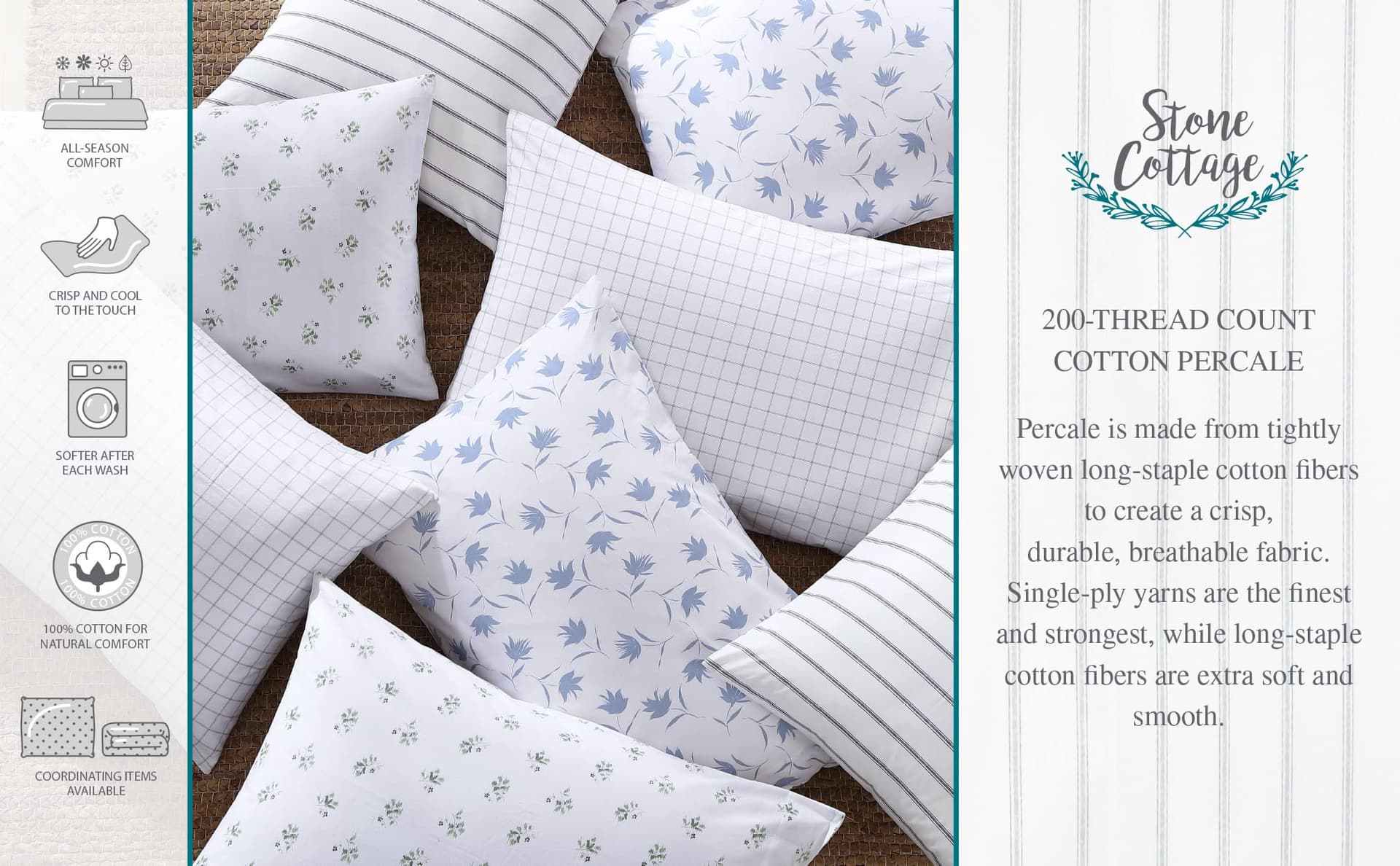 Stone Cottage - Full Sheets, Cotton Percale Bedding Set, Crisp & Cool Home Decor (Blue Sketchy Ditsy, Full) - Full - Blue Sketchy Ditsy thumbnail 4