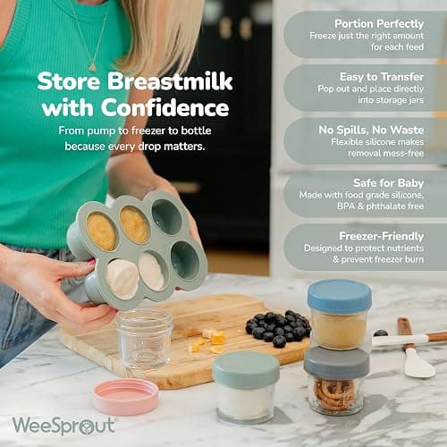 WeeSprout Silicone Baby Food Freezer Tray with Clip-on Lid - Perfect Storage Container for Homemade Baby Food, Vegetable & Fruit Purees, and Breast Milk (Matte Green, Six 3 Ounce Sections) thumbnail 7