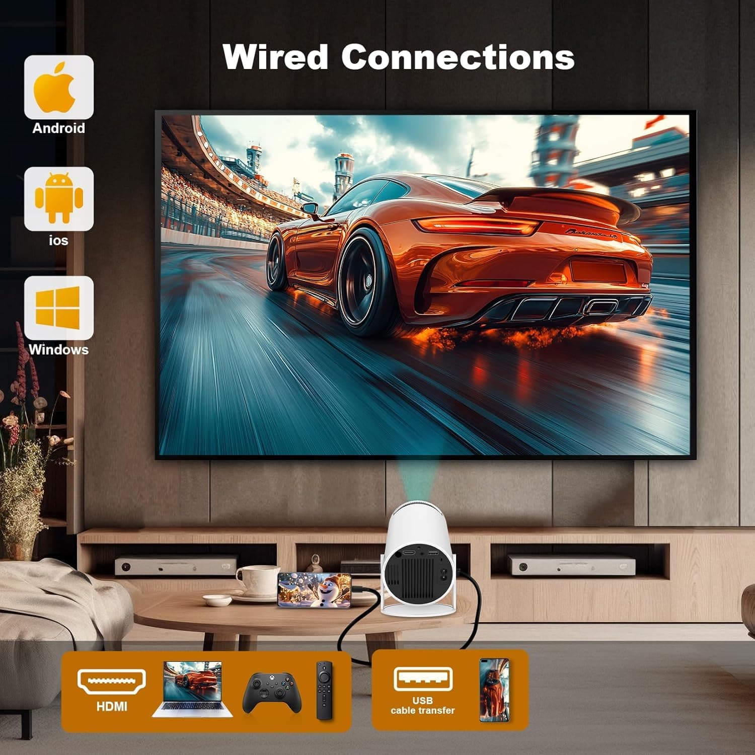 Mini Projector, HY300 PRO Portable Projector, Support 4K 1080P with Dual-Band WIFI6 5G Wireless 5.0 Bluetooth Android 11, 180° Rotatable, Auto Keystone Correction, 35"-130" Screen Video Projector thumbnail 3