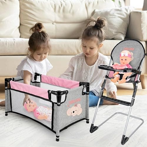 deAO Baby Doll Accessories Baby Doll Playset Furniture Set Baby Doll Crib High Chair Diaper Bag, Pretend Play Role Play Doll Accessories Set, Birthday Gifts for Kids Girl Boy thumbnail 6