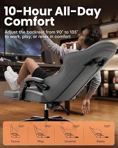 Precision Synergie Fabric Gaming Chair with Massage Function, Silver Grey | Ergonomic Computer Chair with Footrest, Headrest and Lumbar Support, Comfy PC Gamer Chairs for Adults thumbnail 2