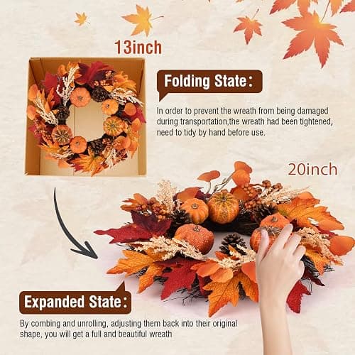 20 Inch Fall Wreaths Decorations Maples Autumn Wreath with Hanger | Leaf Pumpkin Pine Cone Berry For Thanksgiving Harvest Farmhouse Outdoor Indoor Window Wall thumbnail 9