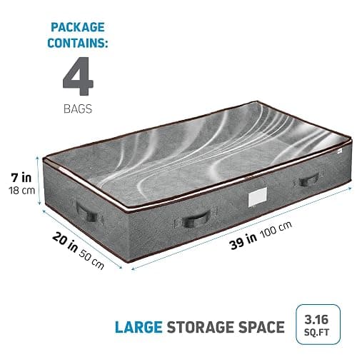 Under Bed Storage Bins - Pack Of 4 Under The Bed Storage Containers For Clothes, Blankets, Winter Clothing, & Shoes - Underbed Storage Containers With Handles, Dual Zippers, & Clear Top thumbnail 3