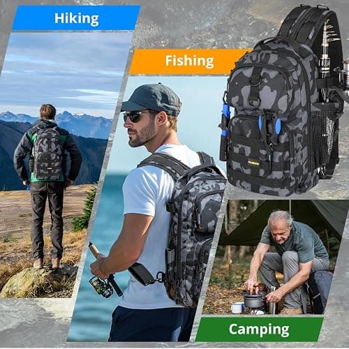 PLUSINNO Fishing Backpack with Tackle Boxes, Waterproof Fishing Sling Tackle Bag For Fishing Gear With Rod Holder, Fishing Gifts for Men With Fishing lures, Fishing pliers, Fish Lip Gripper. thumbnail 7