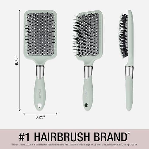Conair Velvet Touch Paddle Cushion hair brush - Detangling hairbrush - curly or straight styles - men or women - detangler - features soft touch handle - Sage Green thumbnail 6