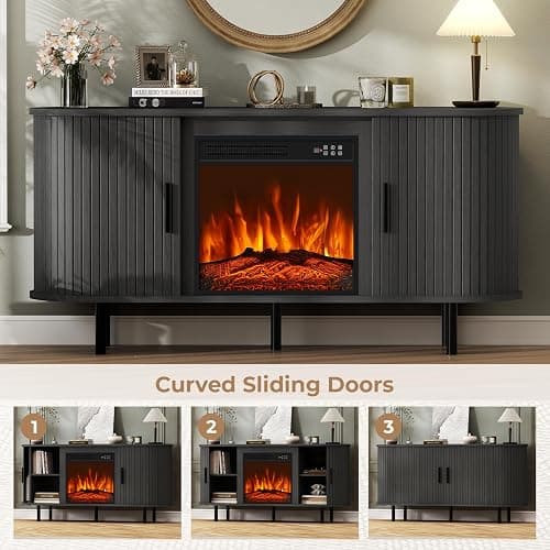 BREEZEHEAT 55'' Mid Century Modern Fluted TV Stand with 18" Fireplace, Curved Fireplace Entertainment Center for TVs Up to 65 Inches, Media Console Cabinet for Living Room/Bedroom, Black thumbnail 4