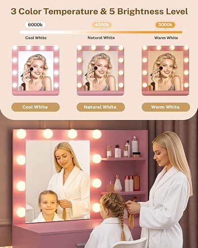 LIVELYGLOW Lighted Makeup Vanity Desk, 35.4“W x 15.7'”D x 54“H, Pink (with Lights and Mirror, Dimming Fuction, 2 Drawers and 1 Cabiniet, Open Shelves) thumbnail 5