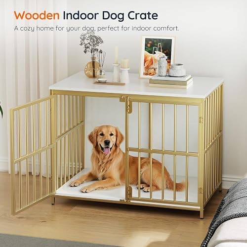 HOOBRO 38.6" Dog Crate Furniture, Wooden Dog Kennel Indoor, Heavy Duty Dog Cage for Small/Medium Dog, Decorative Side End Table, White and Gold DW100GW03 thumbnail 4