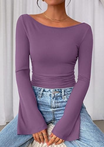 PRETTYGARDEN Women's Long Sleeve Shirts 2025 Fall Crop Going Out Tops Casual Boat Neck Bell Sleeve Ribbed Ruched Y2K Clothes thumbnail 5