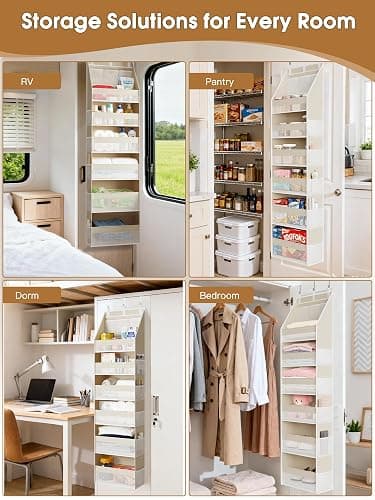 Criusia Over the Door Organizer, 6-Shelf Closet Hanging Storage with 13 Mesh Pockets, 55lbs Capacity Behind the Door Storage for Baby Nursery, Bathroom, Bedroom, and Dorm, Beige thumbnail 6