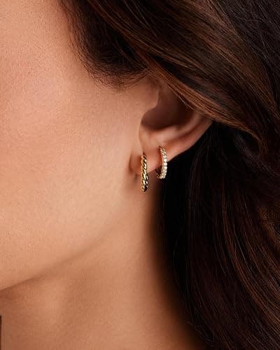 PAVOI 14K-18K Yellow Gold Plated Sterling Silver Posts Three Pairs Small Hoop Earrings for Women - Statement Gold Hoop Earrings Set - Cubic Zirconia Rope Teardrop Chunky Huggie Earscape Piercings thumbnail 3