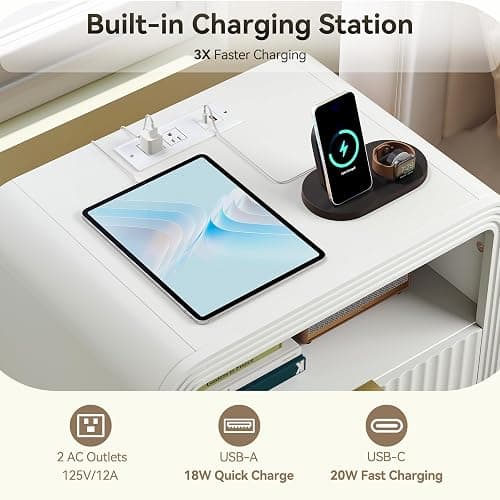 Decofy Fluted Nightstand with Charging Station, 19.7'' Wide Morden End Table with USB/Type-C Ports, 2 Drawers & Open Shelf, Curved Profile Design, Wood Bedside Table for Bedroom (White) thumbnail 3