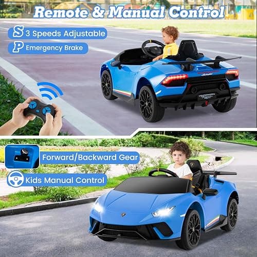 Licensed Lamborghini Huracan Ride on Car by INFANS, 12V Kids Electric Vehicle Battery Powered Toy with Remote Control, LED Lights, Spring Suspension, Bluetooth, MP3, Aged 3-8 Years (Blue) thumbnail 5