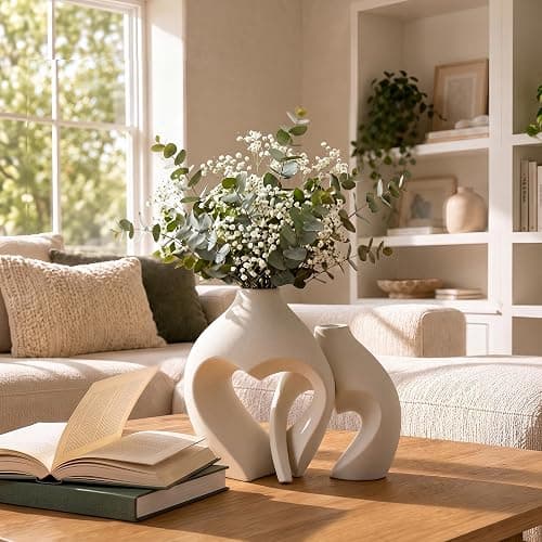 White Ceramic Flower Vase Home Table Decor Heart Shaped Vase Set of 2 | Boho Heart Shaped Minimalist Decorative Vases for coffee Table Centerpiece Wedding Dining Living Room Office House Decoration thumbnail 5