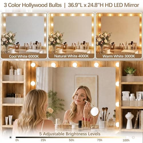 56'' Fluted Wooden Vanity with RGB Hollywood Lights & 36" HD Mirror -Oak | Big Vanity with Glass Top, Drawers, 16 Storage Area, Boho Makeup Vanity With Charging Station for Girls, Women , Bedroom -Oak thumbnail 4