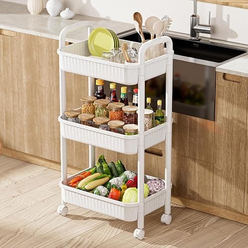 JOYZAN 3 Tier Rolling Carts with Wheels, Utility Cart with Handle and Locking Caster, Storage Cart for Kitchen, Office, Bedroom, Suitable for Diaper, Art Tools, Snack, Craft Storage Cabinet, White thumbnail 2