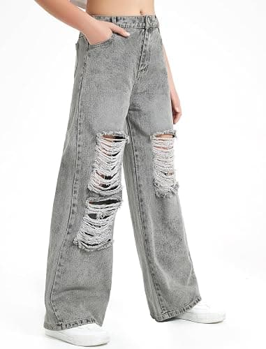 EXARUS Girls Jeans Wide Leg Pants Baggy Denim Ripped High Waisted with Pockets Teen Casual 6-14Y thumbnail 3