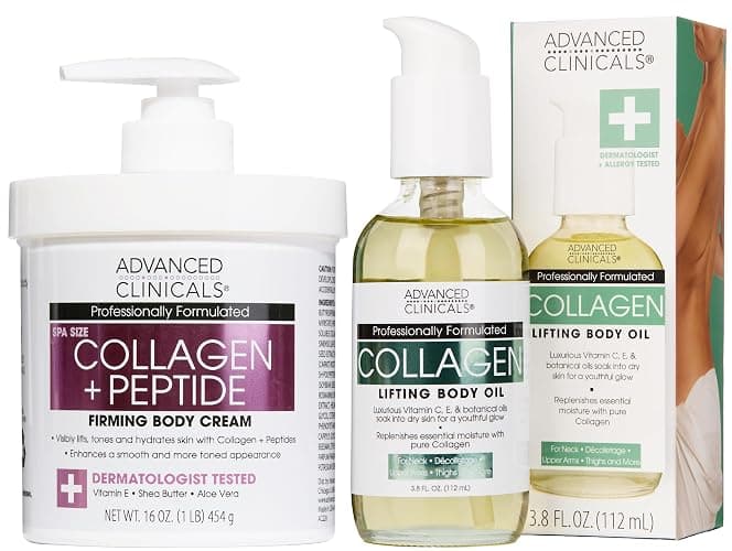Advanced Clinicals Collagen Peptides Firming Body Lotion Face Cream + Collagen Body Oil Moisturizer 2PC Skin Care Set For Women & Men | Skin Tightening Dry Skin Moisturizing Cream & Massage Oil, 2PC - Image 1