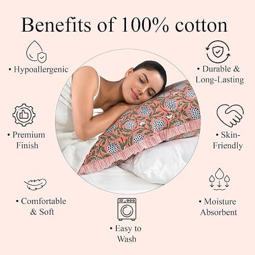 Ridhi Dark Salmon Pink 100% Cotton Block Print Ruffle Lumbar Sham Cover Handmade Boho Floral Pillowcase, Farmhouse Cottagecore Bedding, Soft Decorative Cushion Cover for Bedroom Décor 14 x 36 Inch thumbnail 9