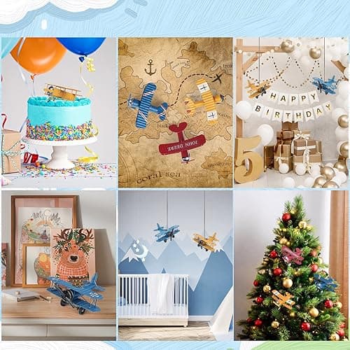 Phirown Vintage Airplane Decor,Airplane Cake Topper,4 Pack Retro Metal Plane Ornament for Home,Hanging Aircraft Biplane Handicraft for Christmas Birthday Gifts(Blue Large and Three Small) - Blue, 4 Pcs thumbnail 6