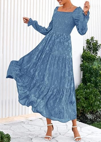 PRETTYGARDEN Fall Wedding Guest Dresses for Women 2025 Floral Long Sleeve Smocked Tiered Elegant Long Flowy Boho Dress thumbnail 4