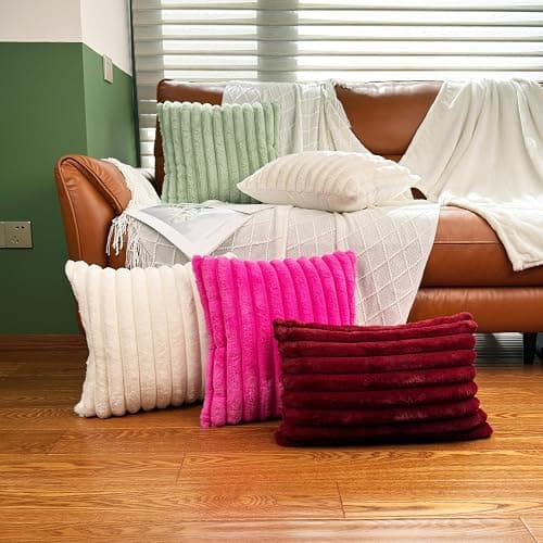 18x18 Throw Pillow Covers Set of 2, Decorative Faux Fur Covers for Bed, Couch Soft Fluffy Pillow Cover with Velvet Back for Living Room, Neutral Home Décor Accent for Sofa - Cream White thumbnail 6