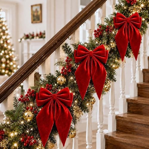 Large Christmas Bows, Velvet Bows for Xmas Tree Topper Garland Wreath Decor | 12" x 8" Red Christmas Tree Topper Bows Velvet Ribbon Bows Ornaments for Gift Wrapping Staircase Mantel Door DIY 6PCS thumbnail 7