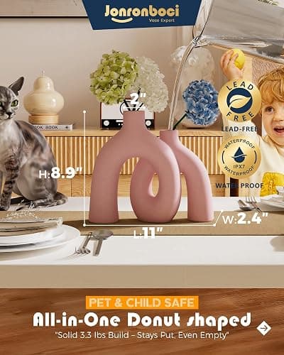 Hug Donut Decorative Vase Set - Light Pink Modern Glam Eclectic Style Vases Home Decor, Matte Ceramic Decorations for Living Room Shelf, Bookshelf Mantle Entryway Table or Console Décor(Pink) thumbnail 2