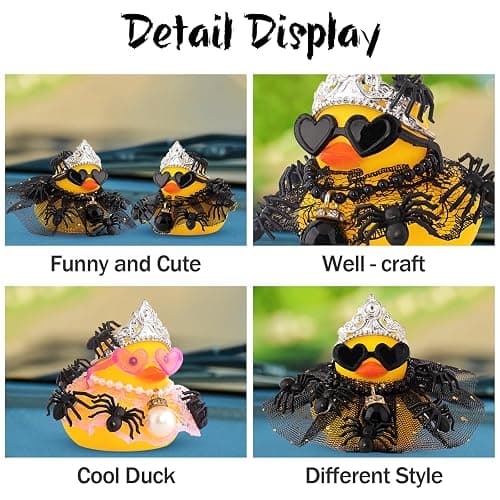 wonuu Halloween Rubber Duck Tiny Spider Car Ornaments Duck Car Dashboard Decorations for Cute Car Accessories with Dress Heart Shape Sunglasses, Black Sparkly Skirt thumbnail 5