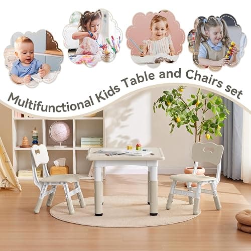 GITAWUSA Kids Study Table and Chairs Set, Height Adjustable Toddler Table and Chair Set for Kids Ages 3-8, 23.6" L x 23.6" W Graffiti Desktop Plastic Children Art Table with 2 Seats, Burlywood thumbnail 5