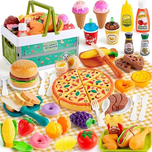 78Pc Pretend Play Food for Kids Kitchen, Cutting Toy Food with Storage Basket, Play Kitchen Accessories, Food Toys with Veggies, Fruits, Fake Food with Pizza Toy, Pretend Food, Boys Girls Gift - Image 1