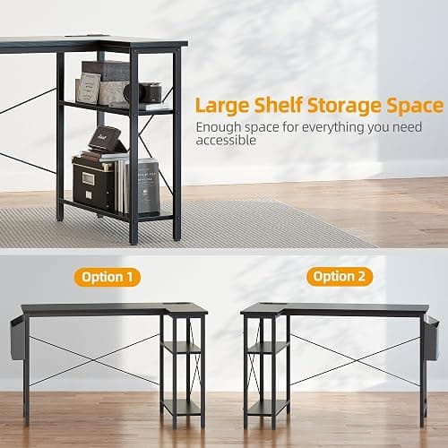 TIQLAB Small L Shaped Desk with Power Outlets - 40 inch Gaming Corner Computer Desk Writing Table, Reversible Large Storage Shelves, Bookshelf Workstation for Study Play Work Home Office, Black thumbnail 4